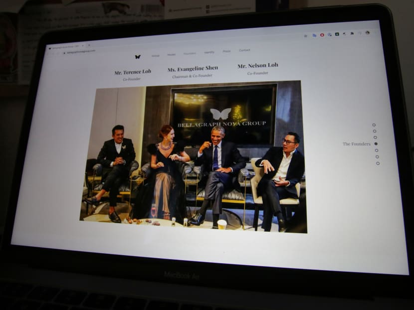 A doctored photo on the website of Bellagraph Nova Group, showing owners Terence (right) and Nelson (left) Loh and Evangeline Shen sitting next to former US President Barack Obama, is pictured on screen, Aug 19, 2020. A doctored photo on the website of Bellagraph Nova Group, showing owners Terence (right) and Nelson (left) Loh and Evangeline Shen sitting next to former US President Barack Obama, is pictured on screen, Aug 19, 2020.