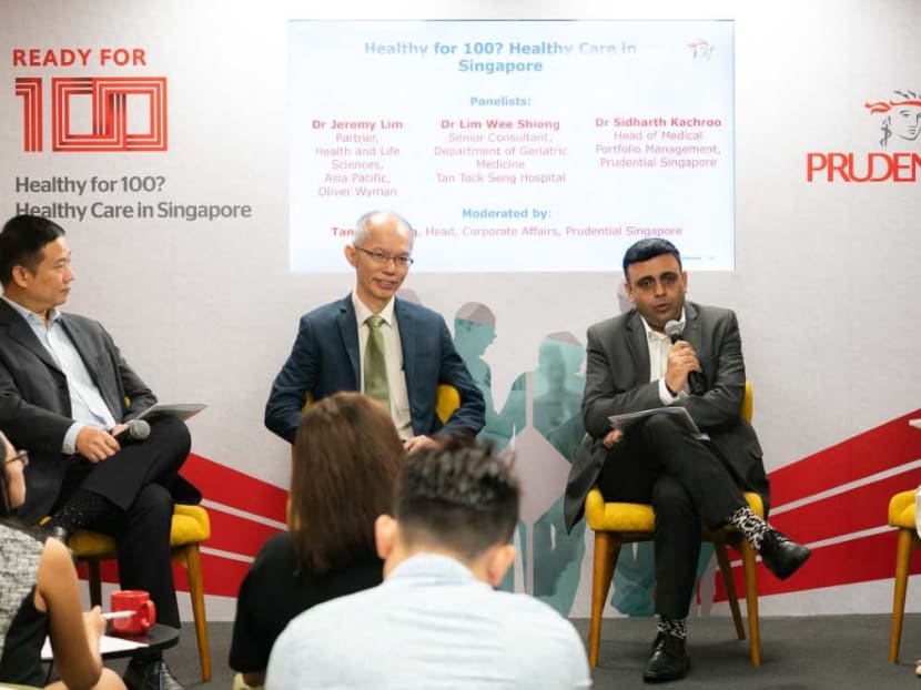 Dr Jeremy Lim, partner, global consultancy Oliver Wyman, Professor Lim Wee Shiong, senior consultant, Tan Tock Seng Hospital, Dr Sidharth Kachroo, head of medical portfolio management, Prudential Singapore and Tan Ping Ping, head, corporate affairs, Prudential Singapore at the launch of  the Healthy for 100? research.