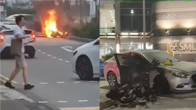 电动脚踏车新大校园外撞车起火 骑士送院