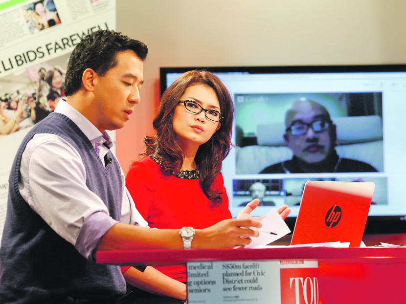 Nicholas Fang and Hazlina Abdul Halim hosting the debut show. Photo: Ernest Chua