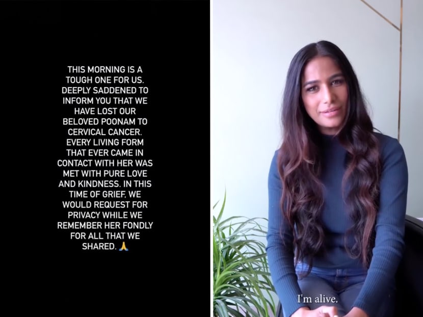 Indian model and actress Poonam Pandey, 33, shocked netizens with a death announcement post on her official Instagram page on Feb 2 (left). The next day, she revealed in a video (right) that it had been part of an initiative to spread awareness about cervical cancer.