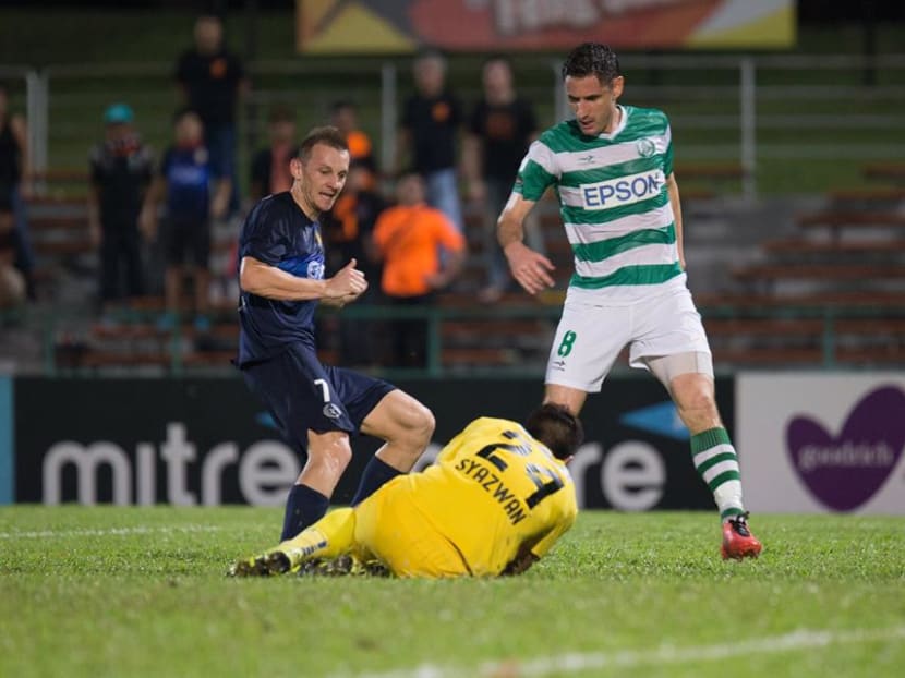 Geylang International defender Daniel Bennett (in green and white striped jersey) was a surprise call-up by national coach V Sundramoorthy to the national squad for their training tour in Japan in July. Photo courtesy of S.League Facebook Page