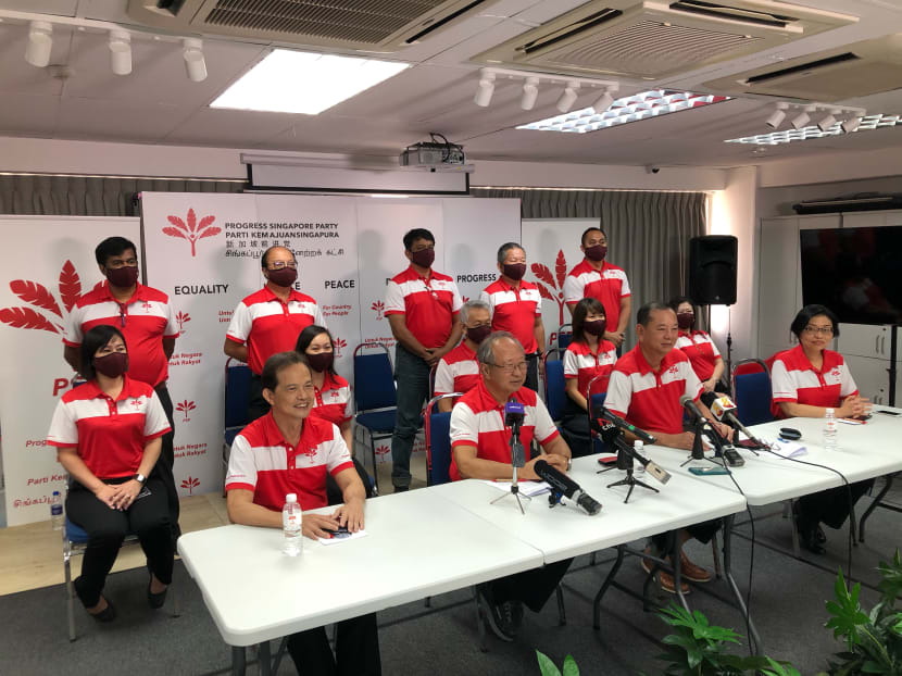 Members of the Progress Singapore Party at a press conference in April 2021. First row (from left to right): Mr Leong Mun Wai, Dr Tan Cheng Bock, Mr Francis Yuen and Ms Hazel Poa. Members of the Progress Singapore Party at a press conference in April 2021. First row (from left to right): Mr Leong Mun Wai, Dr Tan Cheng Bock, Mr Francis Yuen and Ms Hazel Poa.
