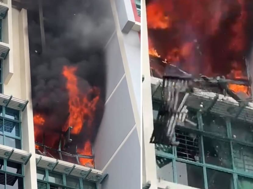 Video footage shows an intense blaze engulfing a flat’s windows, followed by parts of the window and sunshade breaking off and falling. Video footage shows an intense blaze engulfing a flat’s windows, followed by parts of the window and sunshade breaking off and falling.