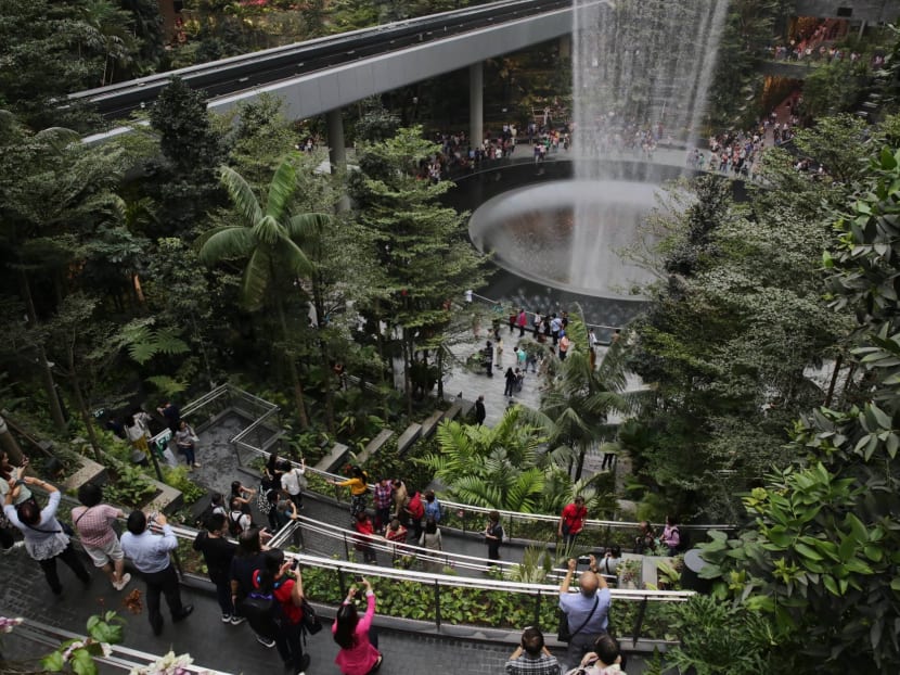 The crown jewel of the Jewel Changi Airport — the 40m-high HSBC Rain Vortex — took centrestage when the complex opened to the public for previews on April 11, 2019. The crown jewel of the Jewel Changi Airport — the 40m-high HSBC Rain Vortex — took centrestage when the complex opened to the public for previews on April 11, 2019.
