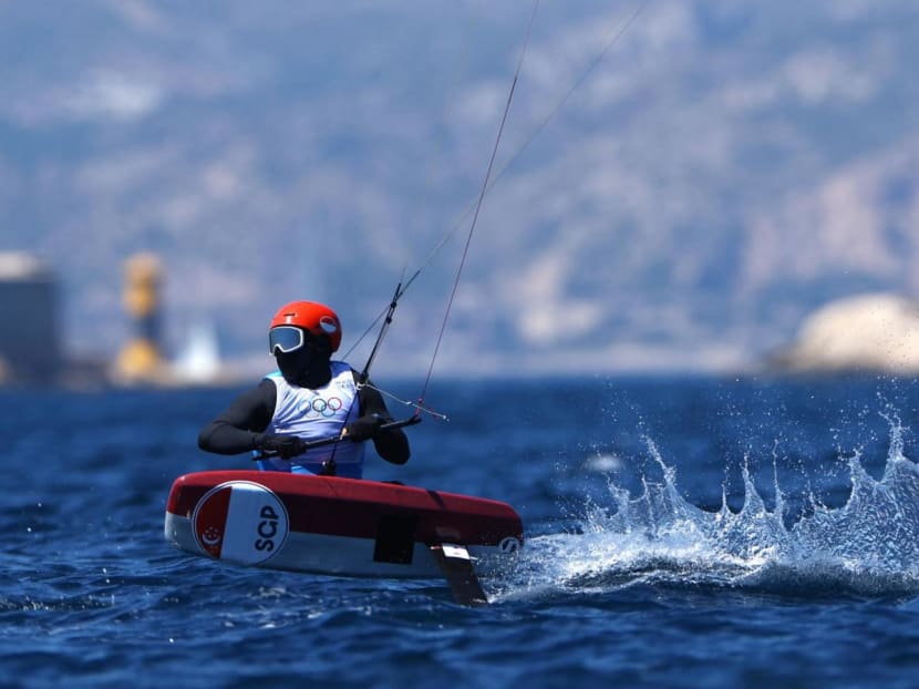 Singapore's Max Maeder in action at the Paris Olympic men's kitefoiling final on Aug 9, 2024. 