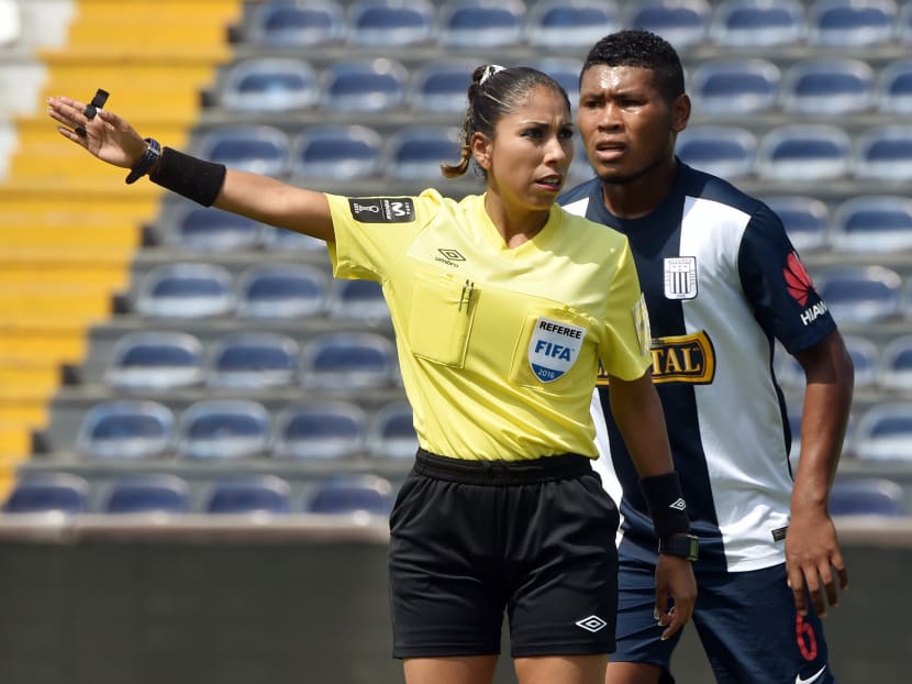 Melany Bermejo, a FIFA female referee at a stadium in Lima, on April 24 this year. Photo: AFP