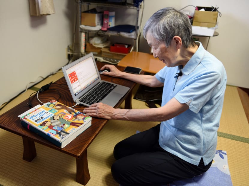 This picture taken on July 13, 2017 shows 82-year-old programmer Masako Wakamiya using her laptop in her home in Fujisawa, Kanagawa prefecture. Photo: AFP
