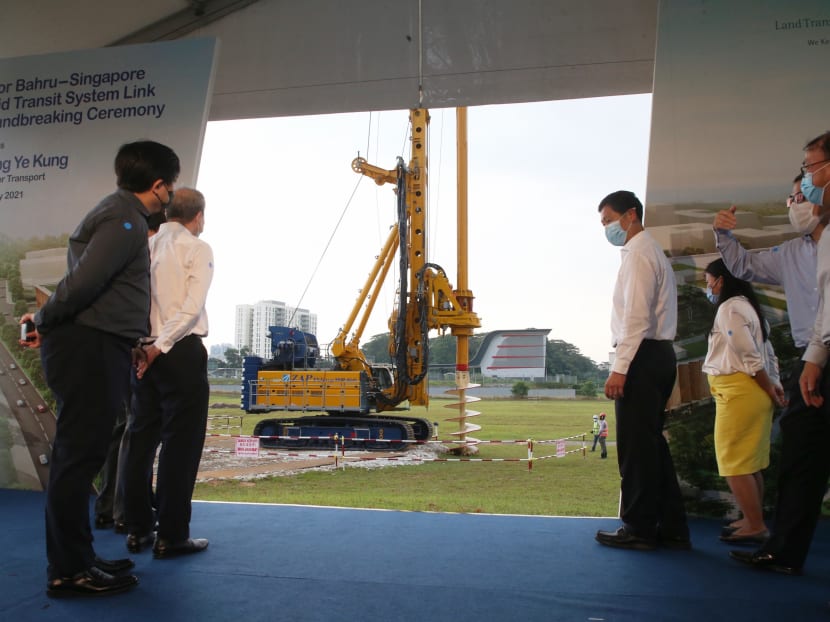 Minister for Transport Ong Ye Kung watches a rotary drilling rig drill into the ground at the Johor Bahru-Singapore Rapid Transit System Link Groundbreaking Ceremony on Jan 22, 2021. Minister for Transport Ong Ye Kung watches a rotary drilling rig drill into the ground at the Johor Bahru-Singapore Rapid Transit System Link Groundbreaking Ceremony on Jan 22, 2021.
