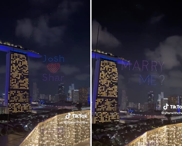 #trending: Netizens wowed by 150-drone wedding proposal at Marina Bay Sands but some call it excessive