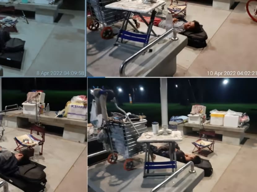 Jackson Chan staying in an East Coast Park shelter with his personal belongings occupying the entire space, in photos dated April 10, 2022 and supplied as part of a statement of facts in court.