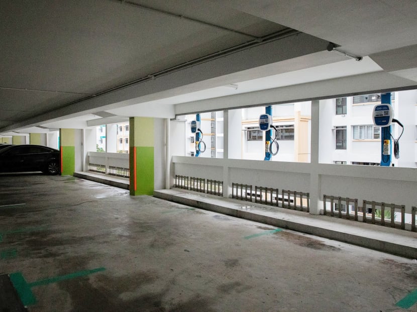 Charging points for electric vehicles at a public car park located on Jurong West Street 65.