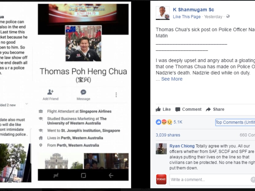 Home Affairs and Law Minister K Shanmugam had criticised Thomas Chua in a Facebook post on Saturday (June 3) Home Affairs and Law Minister K Shanmugam had criticised Thomas Chua in a Facebook post on Saturday (June 3)