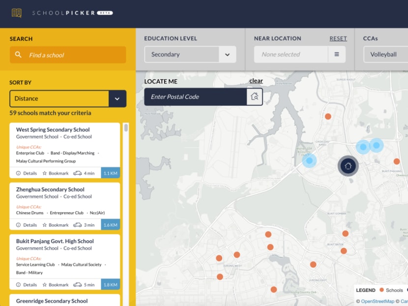 Screenshot shows the interface of the School Picker web application. Photo: Data.gov.sg