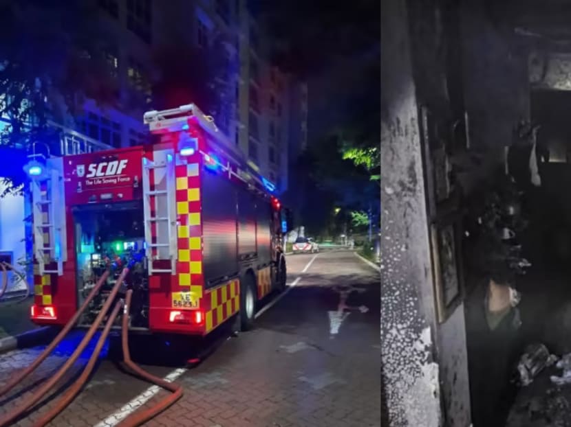 A SCDF fire truck at 280B Sengkang East Avenue on July 19, 2023 (left), and the kitchen in the unit where the fire broke out.