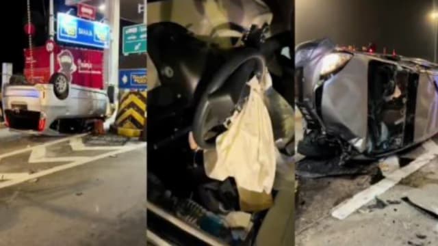 疑赶在免路费结束前赶过闸 马国轿车失控撞收费站翻覆