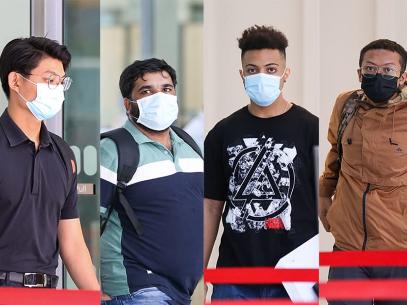 Four more people were charged on Tuesday (March 22) with breaching multiple Covid-19 regulations during an impromptu New Year’s Eve gathering at Clarke Quay. L-R: Lee Hern Sing, Varghese Divin, Adam Abdullah, Assiddiq Surani. 