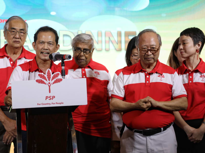 The Progress Singapore Party's new assistant secretary-general Leong Mun Wai at the rostrum. To his left are Mr K S Singam, Dr Tan Cheng Bock and Ms Michelle Lee. The Progress Singapore Party's new assistant secretary-general Leong Mun Wai at the rostrum. To his left are Mr K S Singam, Dr Tan Cheng Bock and Ms Michelle Lee.