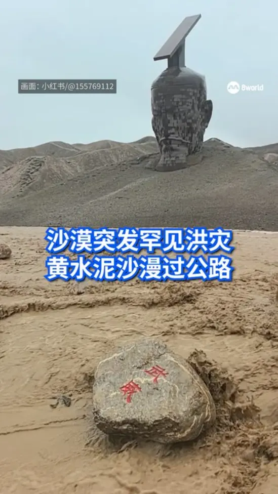 沙漠突发罕见洪灾 黄水泥沙漫过公路