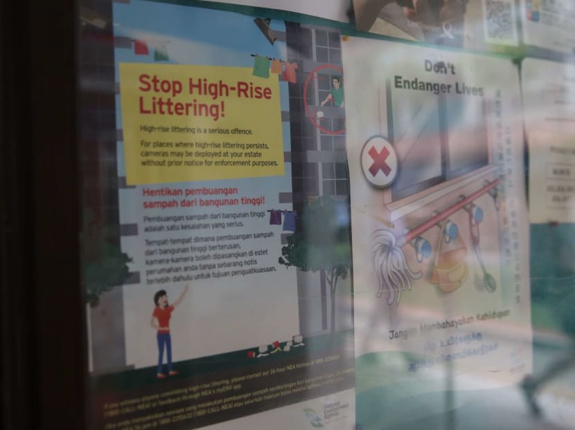 A poster advising against high-rise littering seen on the notice board of a housing estate.
A poster advising against high-rise littering seen on the notice board of a housing estate.