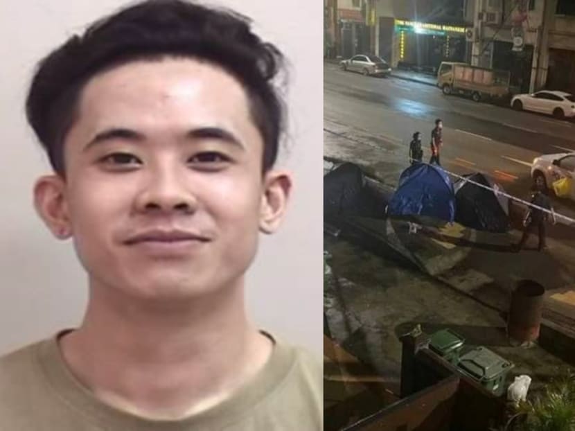 Police are searching for a man (left) to assist in investigations into a knife attack at Serangoon Road on Oct 8, 2020. An image of tents (right) purportedly taken at the scene is circulating on social media.