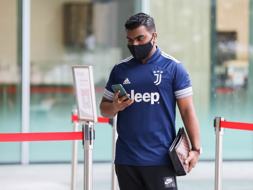 Prabu Rajendran arriving at the State Courts on May 5, 2021. He pleaded guilty to a charge of leaving his home without a reasonable excuse when he was mandated to stay home while on sick leave.