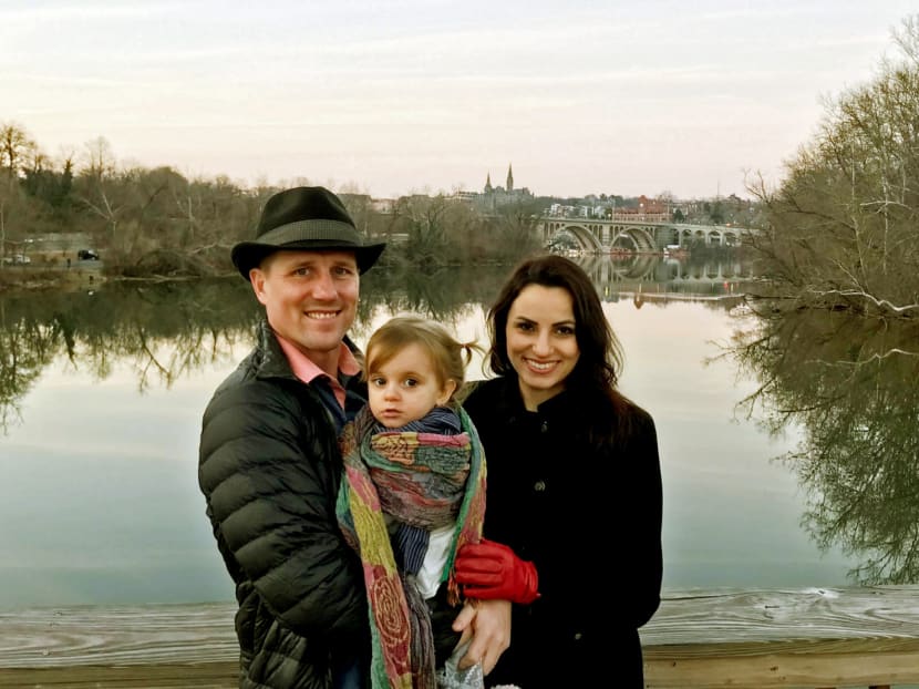 NUS research fellow Zaineb Al-Qazwini (right) with her American husband, Mr Randy Olsen, a sales operations director and their daughter Ishtar. Dr Al-Qazwini said the family was considering relocating to Silicon Valley, since Mr Olsen’s family lives in the San Francisco Bay Area. Photo: Zaineb al-Qazwini