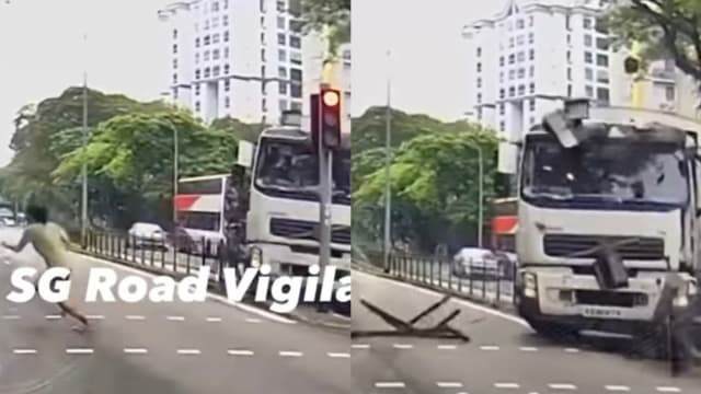 垃圾车撞行人道 路人秒避保命 网：幸好她过路有看车