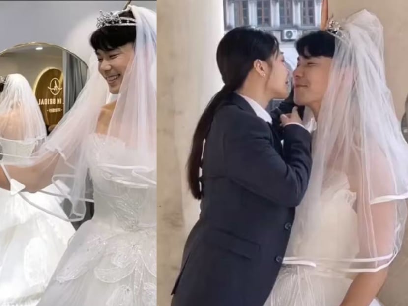Dai Xiangyu, 39, forced by wife Chen Zihan, 46, to wear wedding dress for their 8th anniversary photo shoot