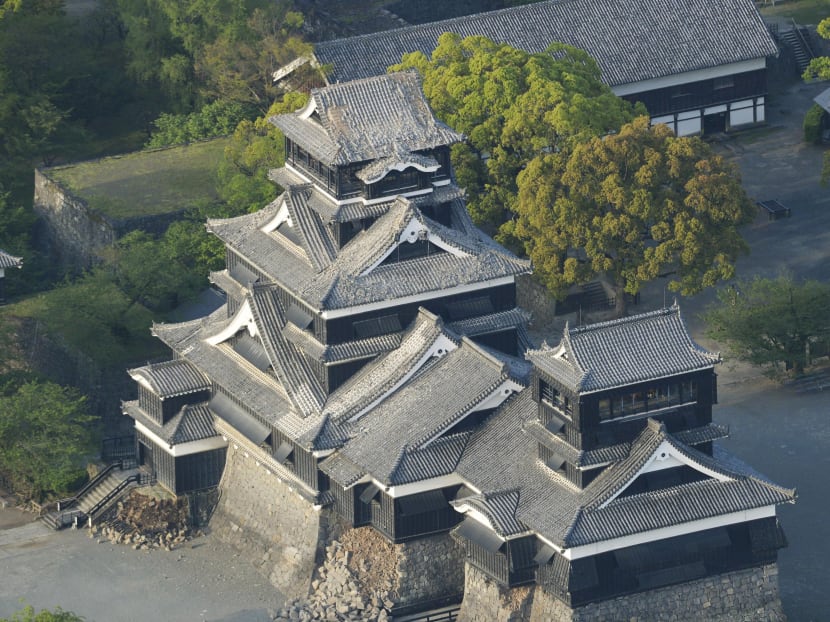 Damage to Kumamoto Castle caused by an earthquake is seen in Kumamoto, southern Japan, in this photo taken by Kyodo April 15, 2016. Photo: Kyodo via Reuters
