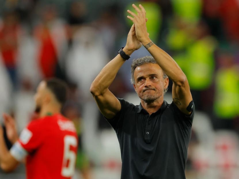 Spain's coach Luis Enrique applauding supporters after his team lost the Qatar 2022 World Cup round-of-16 football match against Morocco on Dec 6, 2022. Spain's coach Luis Enrique applauding supporters after his team lost the Qatar 2022 World Cup round-of-16 football match against Morocco on Dec 6, 2022.