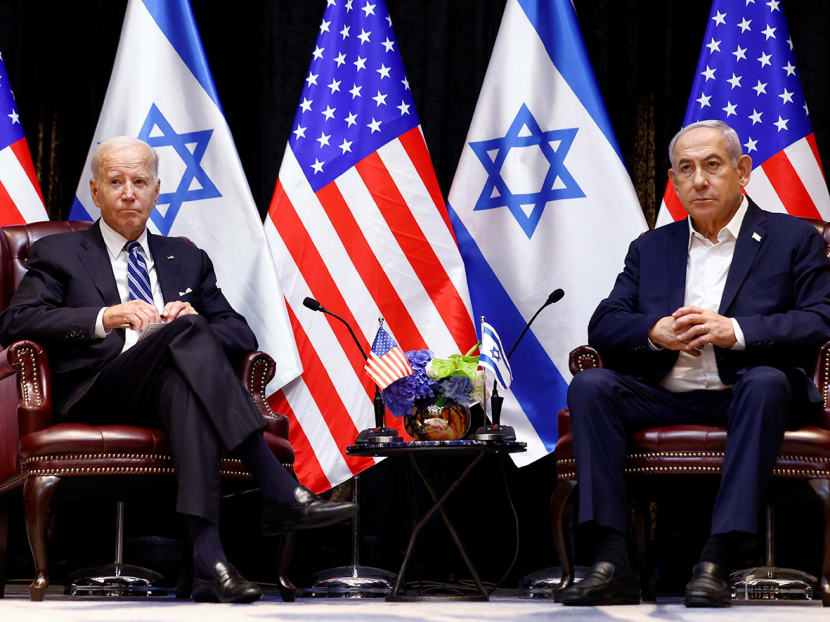 United States President Joe Biden meets with Israeli Prime Minister Benjamin Netanyahu and the Israeli war cabinet, as he visits Israel amid the ongoing conflict between Israel and Hamas, in Tel Aviv, Israel, October 18, 2023.