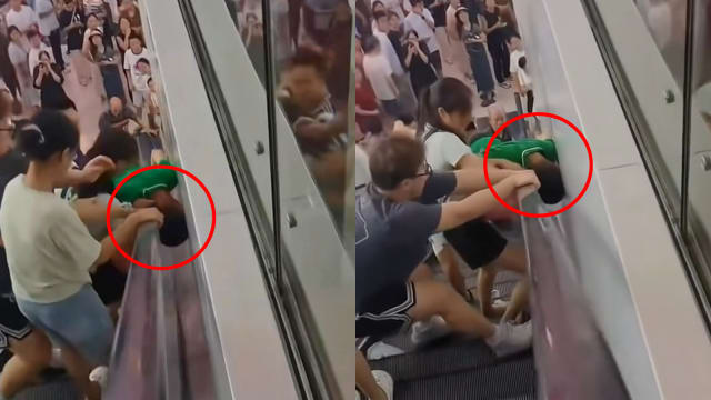 重庆商场惊险一幕！男童头部卡扶梯与墙体之间