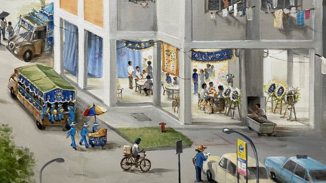 本地画家不惧忌讳 组屋底层灵堂场景搬进画作