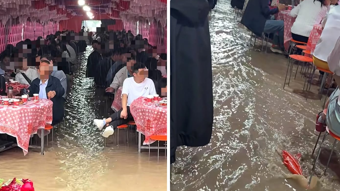 陕西婚宴宾客积水中吃席 网民：这才是正宗流水席