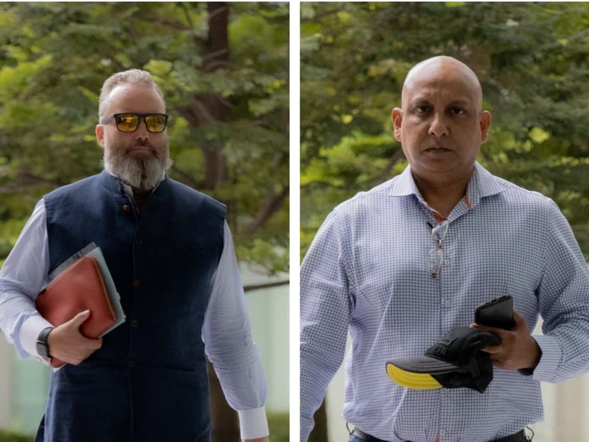 James Henry O’Sullivan (left) and R Shanmugaratnam (right) arrive at the State Courts on July 31, 2023. Both claimed trial in the Wirecard case to charges of falsifying documents related to millions held in escrow accounts.