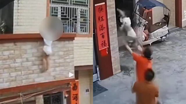 三岁幼童危挂阳台 妇女徒手接住救一命