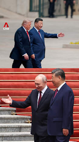 Side-by-side comparison of Putin's visit to China versus Trump's visit
