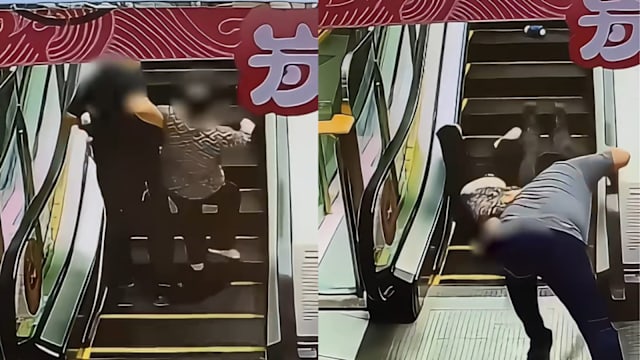陕西老妇与家属扶梯跌倒 消防员路过救人