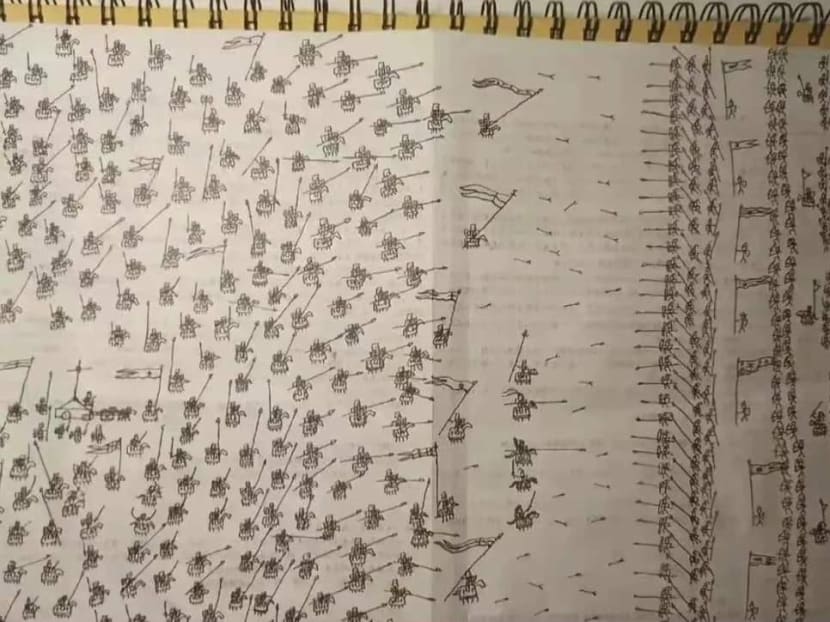 A mother in Taiwan was shocked to find this detailed drawing when she looked into her son's schoolbag to figure out why he had been performing poorly in tests at school.