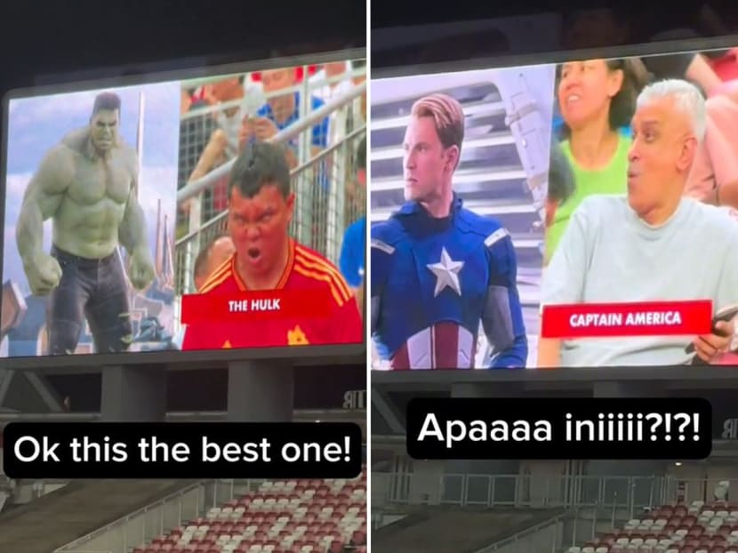 Audience members appeared on the National Stadium's big screens during a "lookalike cam" segment at the half-time break of the Singapore-Thailand Fifa World Cup qualifier match on Nov 21, 2023.