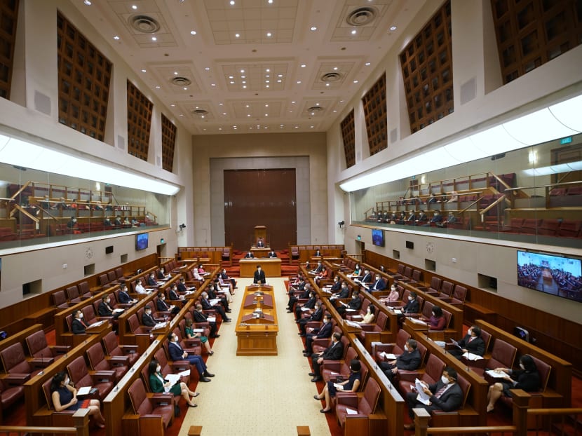 Due to safe-distancing measures, MPs were divided between the Parliament House (above) and The Arts House. Due to safe-distancing measures, MPs were divided between the Parliament House (above) and The Arts House.