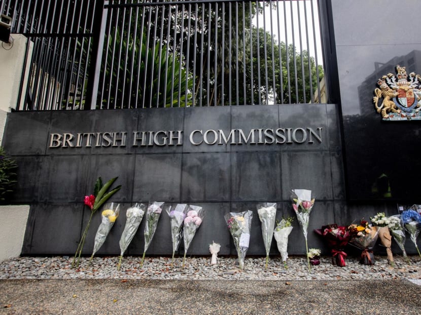 Flowers placed outside the British High Commission in Singapore on Sept 9, 2022 to pay respects to the late Queen Elizabeth II. Flowers placed outside the British High Commission in Singapore on Sept 9, 2022 to pay respects to the late Queen Elizabeth II.