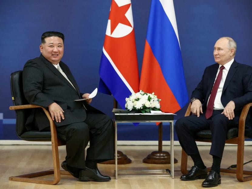 Russia's President Vladimir Putin and North Korea's leader Kim Jong Un attend a meeting at the Vostochny Сosmodrome in the far eastern Amur region, Russia, on Sept 13, 2023.