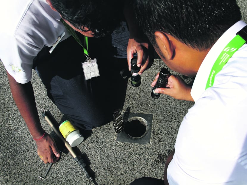 NEA officers have been conducting intensive checks outdoors and indoors for mosquito breeding spots in the battle against dengue. TODAY file photo