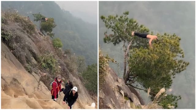 中国男赤膊爬悬崖树做俯卧撑 网民：“不要命了”