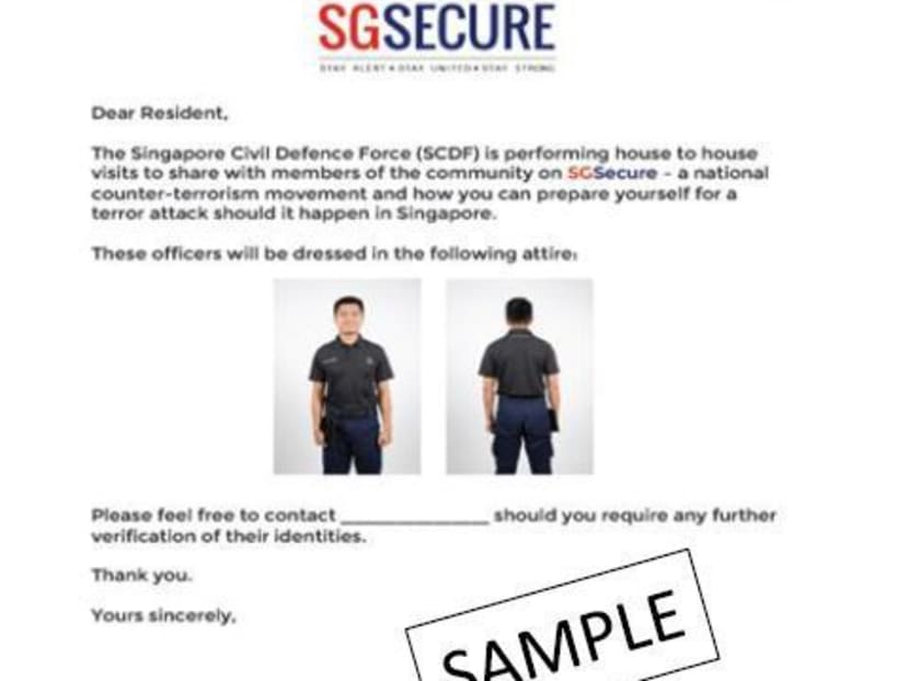 A sample of the letter of authorisation used by SCDF personnel carrying out house calls related to SG Secure. Photo: SCDF