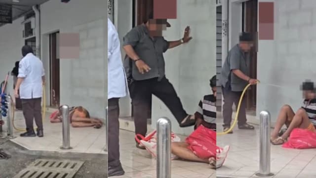 用水管射水还脚踢流浪汉  马国保安和男子做法引热议