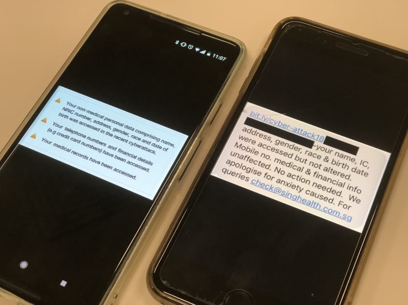 SingHealth said it is aware that a fake text message (L) has been making the rounds shortly after it announced that it would be sending a message (R) to patients affected by the healthcare group's data breach. SingHealth said it is aware that a fake text message (L) has been making the rounds shortly after it announced that it would be sending a message (R) to patients affected by the healthcare group's data breach.