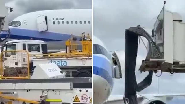 客机倒滑撞空桥致舱门受损 华航取消航班